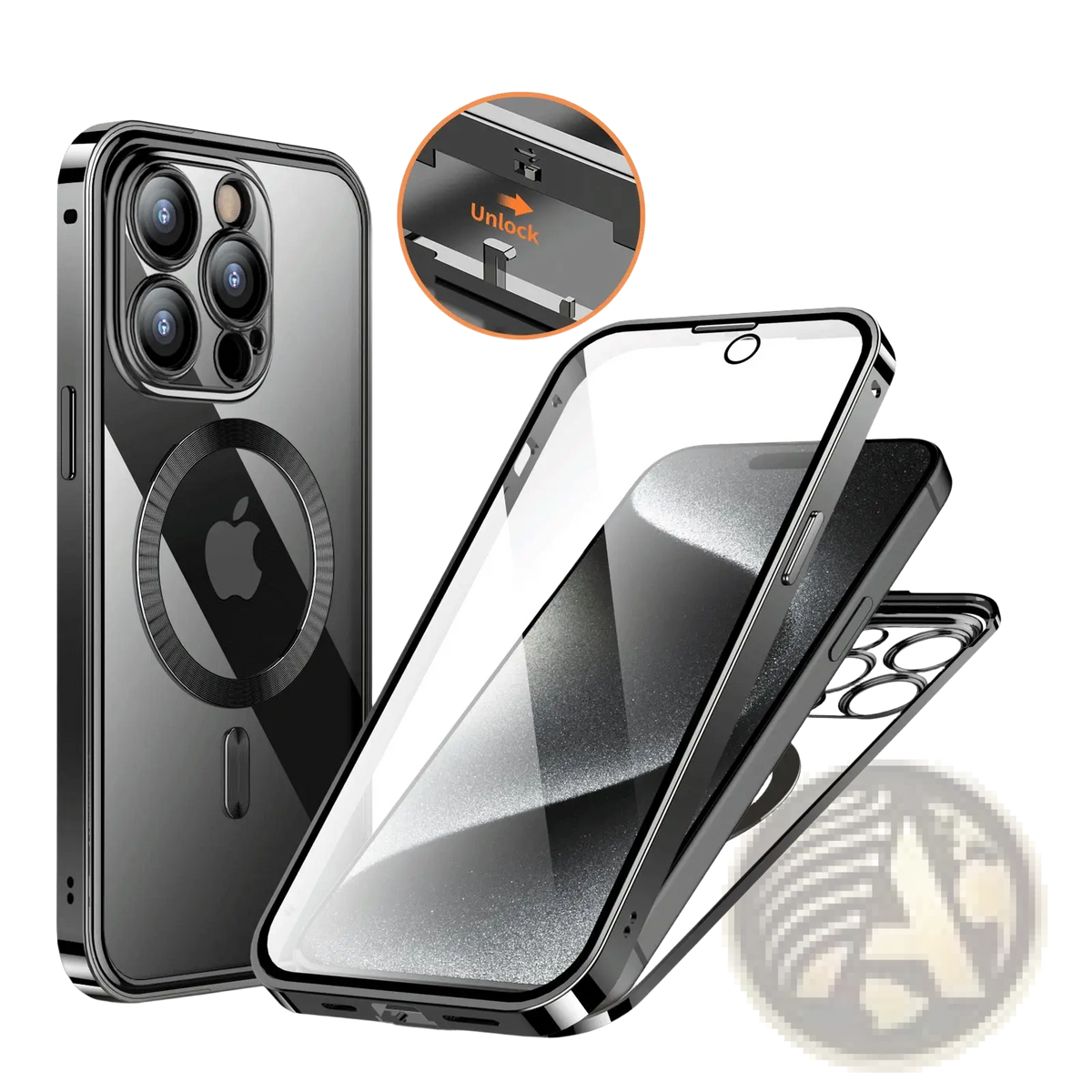 Black magnetic privacy phone case with full coverage featuring a transparent front panel and metallic frame