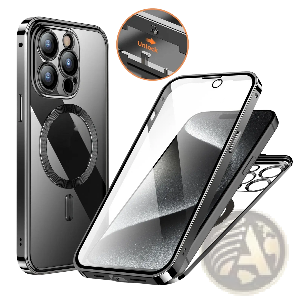 Black magnetic privacy phone case with sleek transparent front and metallic frame for full coverage protection