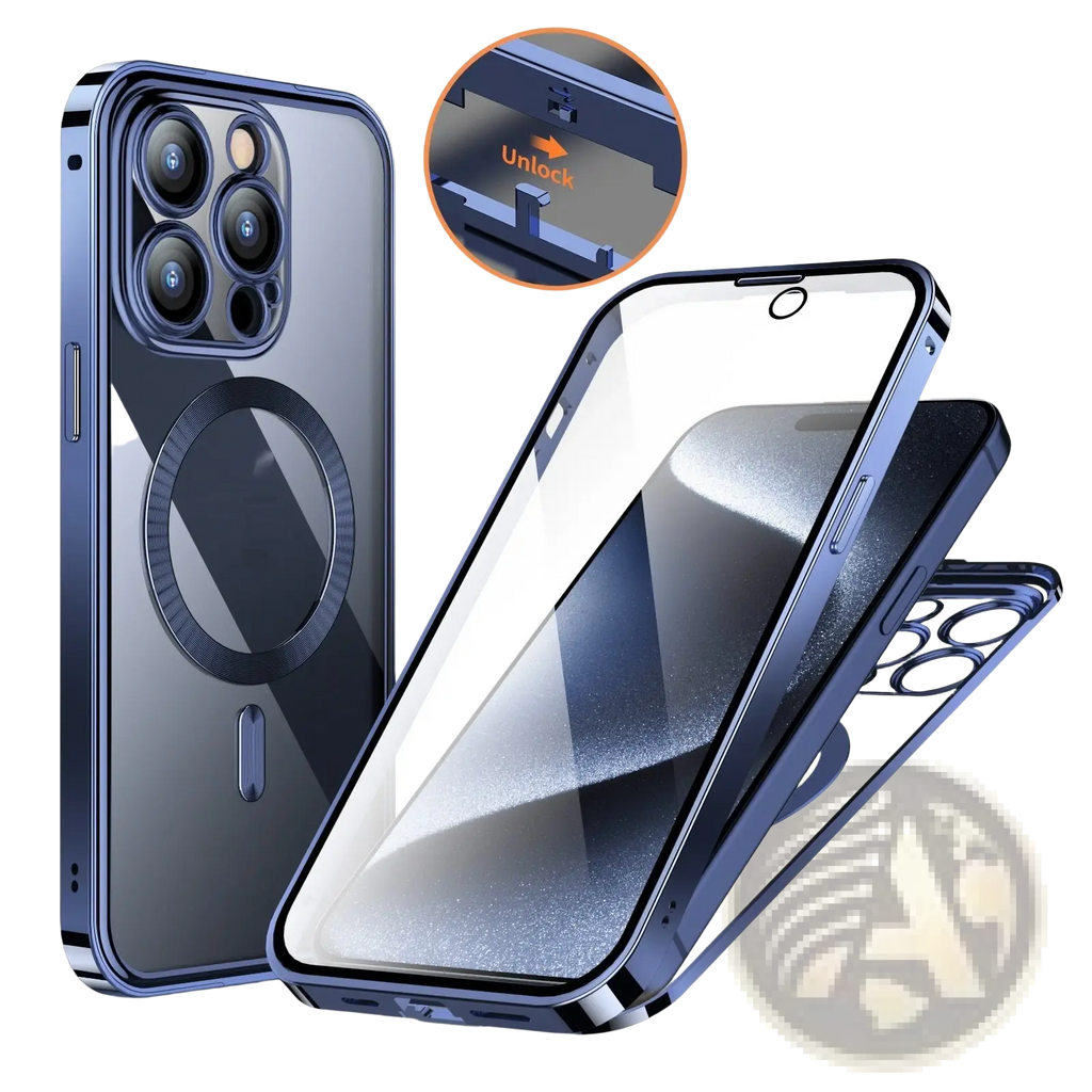 Blue magnetic privacy phone case with full coverage featuring a sleek transparent design and metallic frame back view