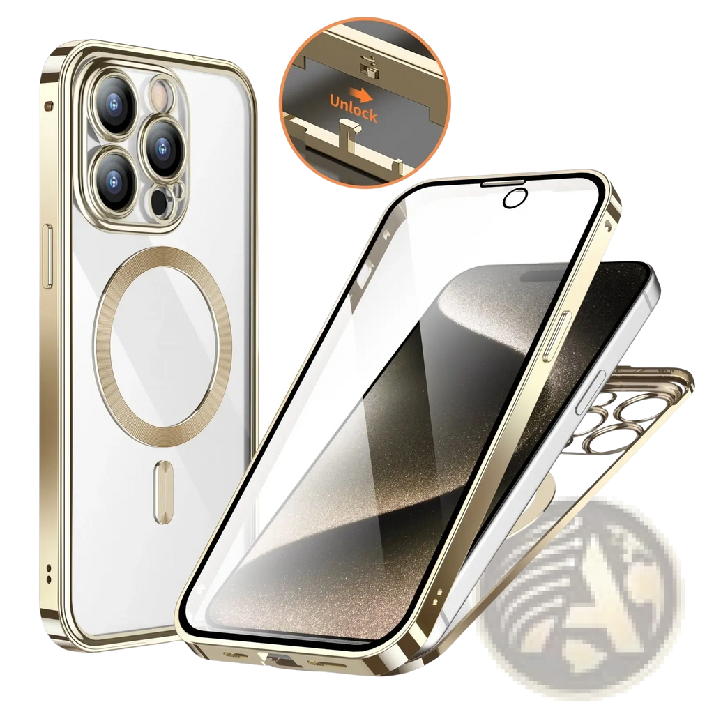 Back side of a gold-framed magnetic privacy phone case with clear back panel and circular magsafe charging ring