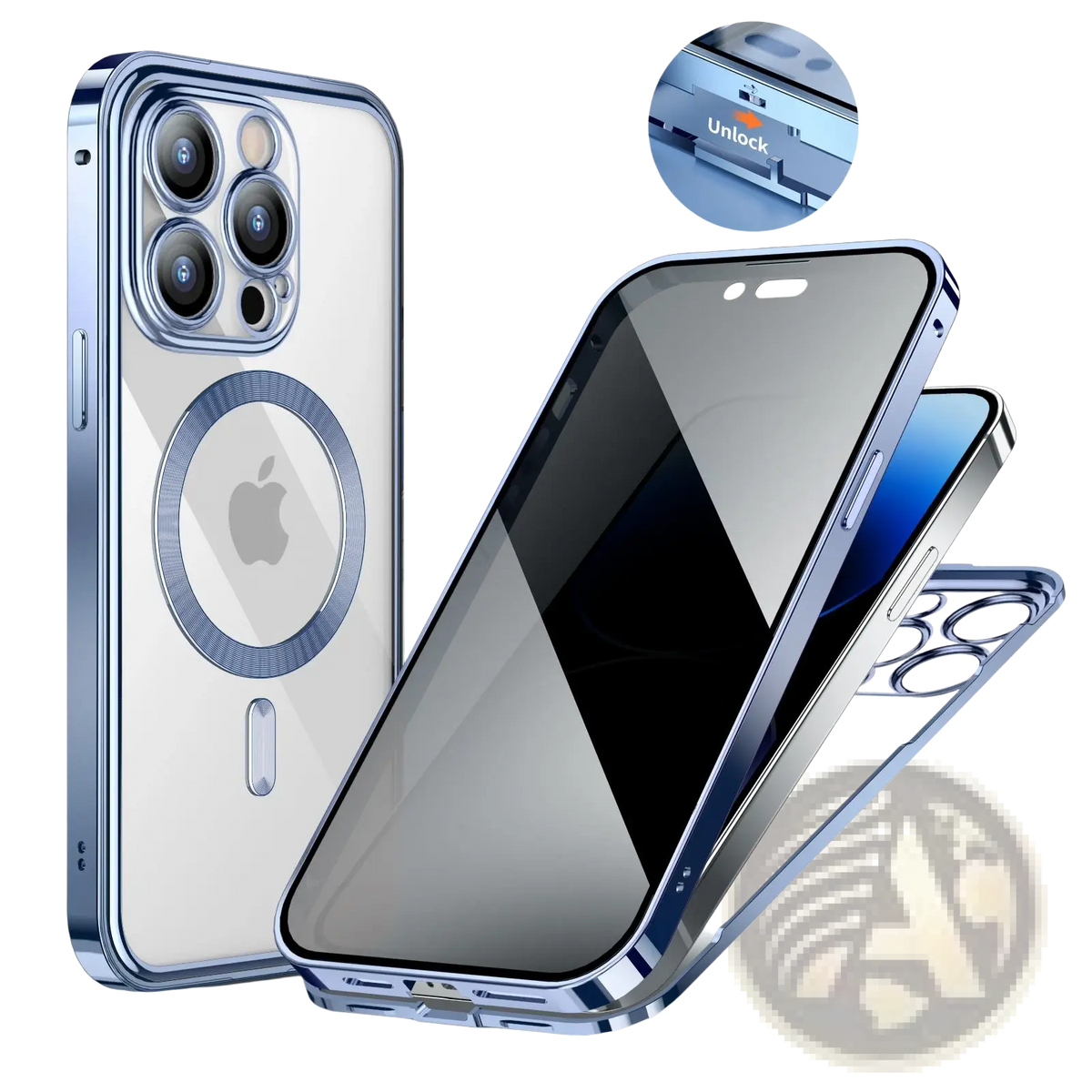 Back side of blue magnetic privacy phone case with clear back panel and metallic frame for full coverage protection