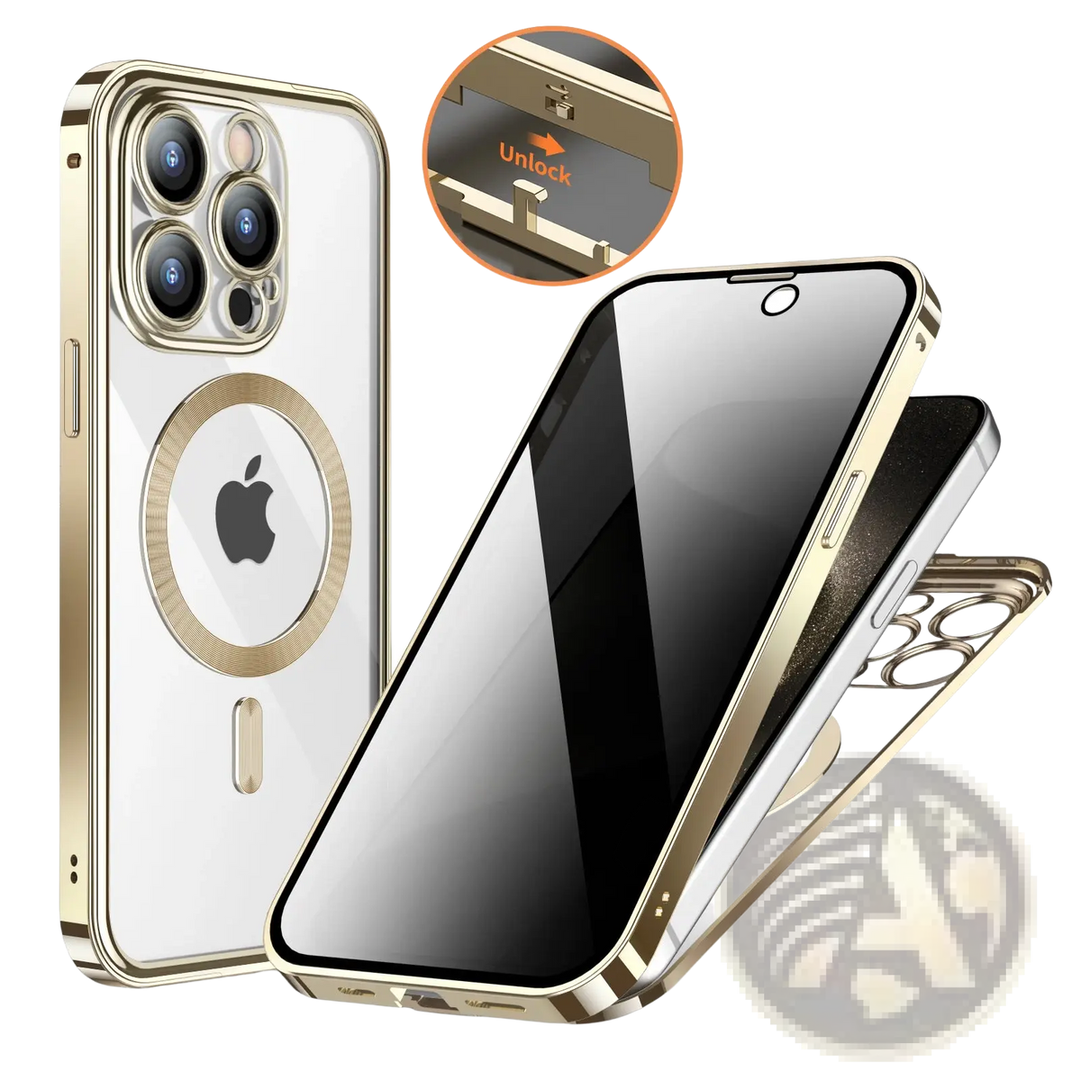 Gold-framed magnetic privacy phone case with clear back and circular apple logo for full coverage protection