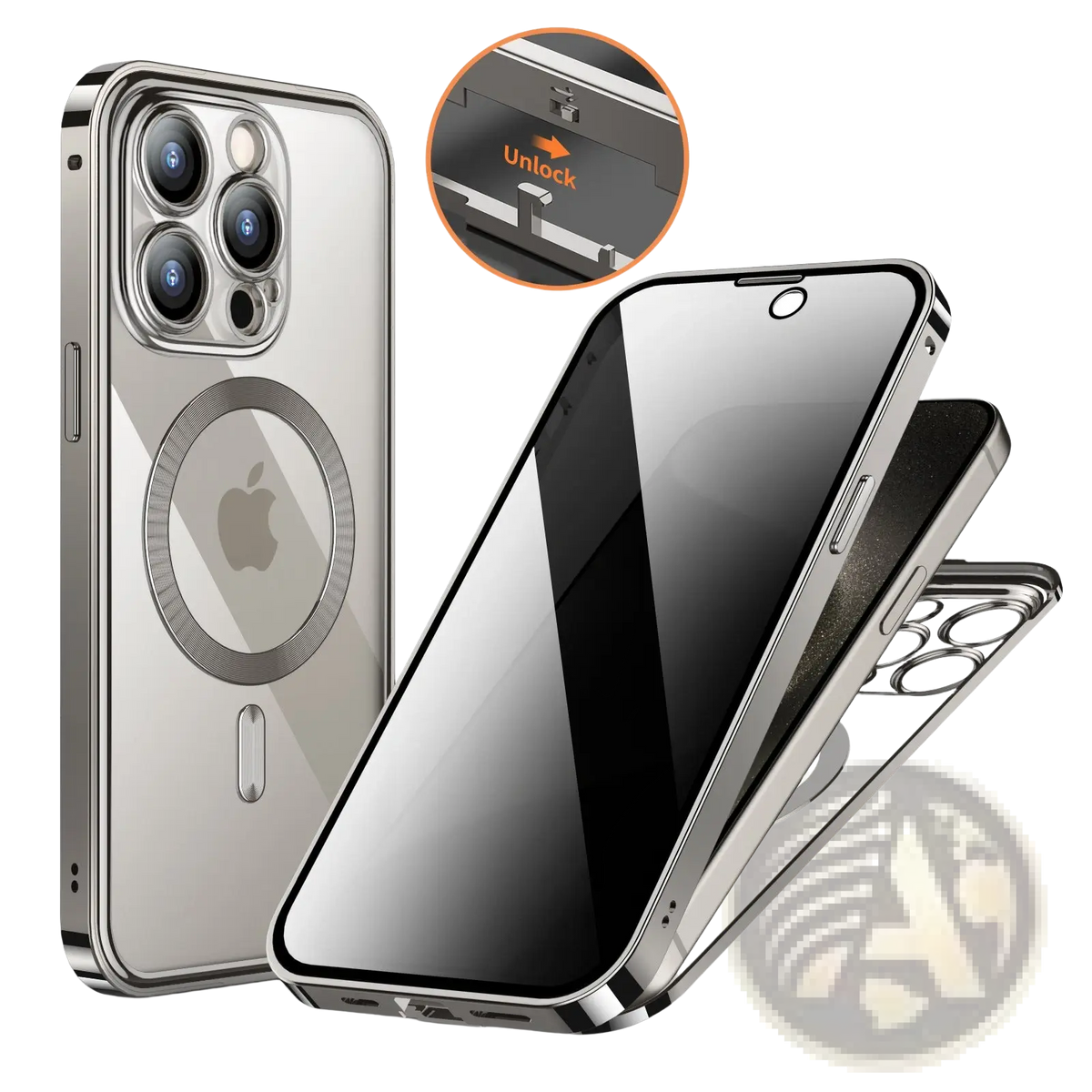 Silver magnetic privacy phone case with full coverage featuring a sleek transparent back and metallic frame shown from the back