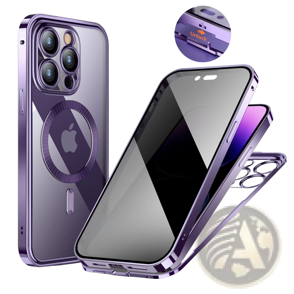 Purple magnetic privacy phone case with full coverage transparent design and metallic frame shown from the back side