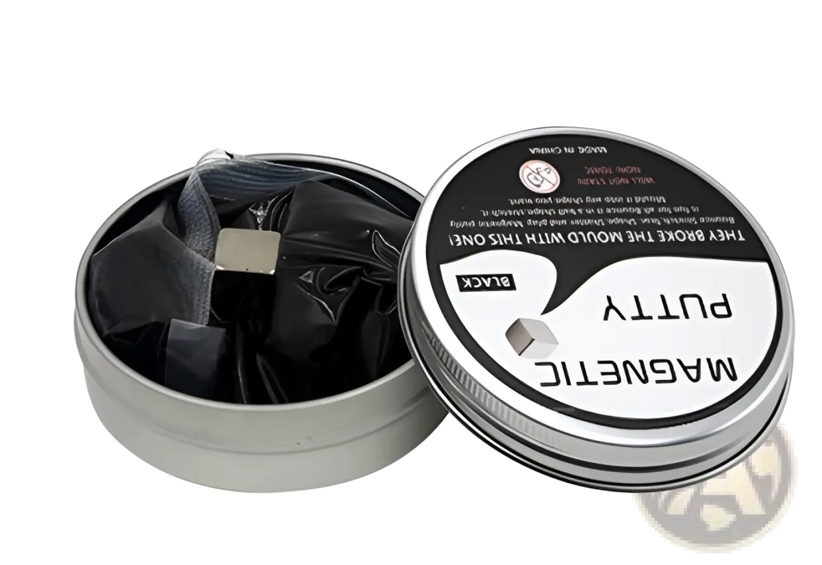 Silver tin containing black magnetic putty with small square magnet for stress relief toy 6 color set