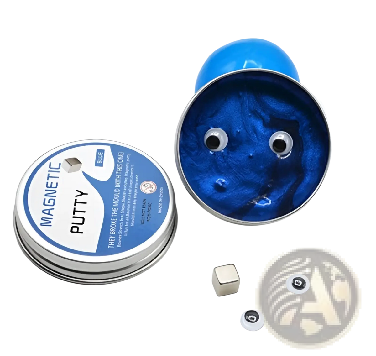 Magnetic putty stress relief toy in blue shown in a silver tin with googly eyes and nearby small magnets