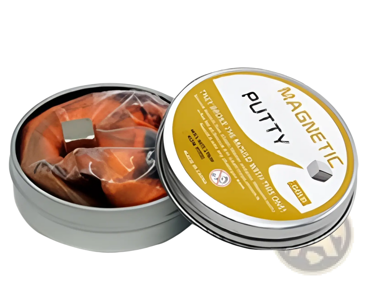 Orange magnetic putty in a silver tin container from magnetic putty stress relief toy 6 color set