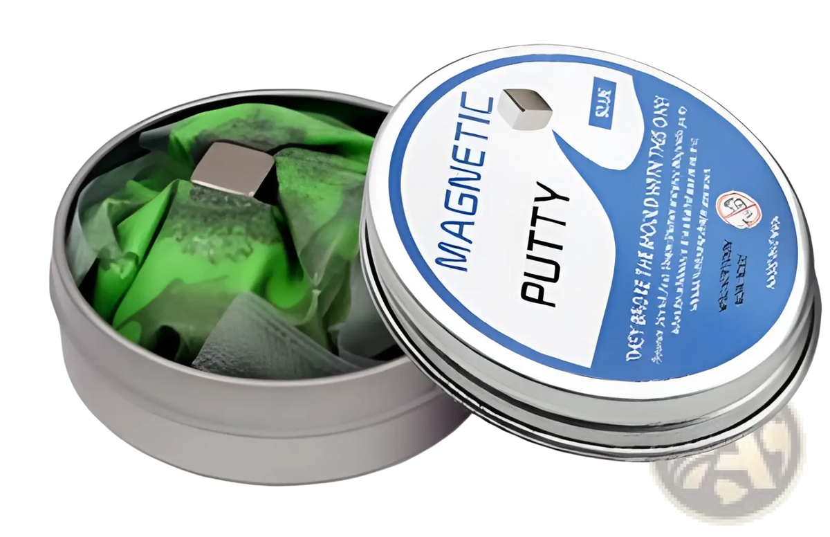 Silver tin container holding green magnetic putty with blue and white label for stress relief toy 6 color set