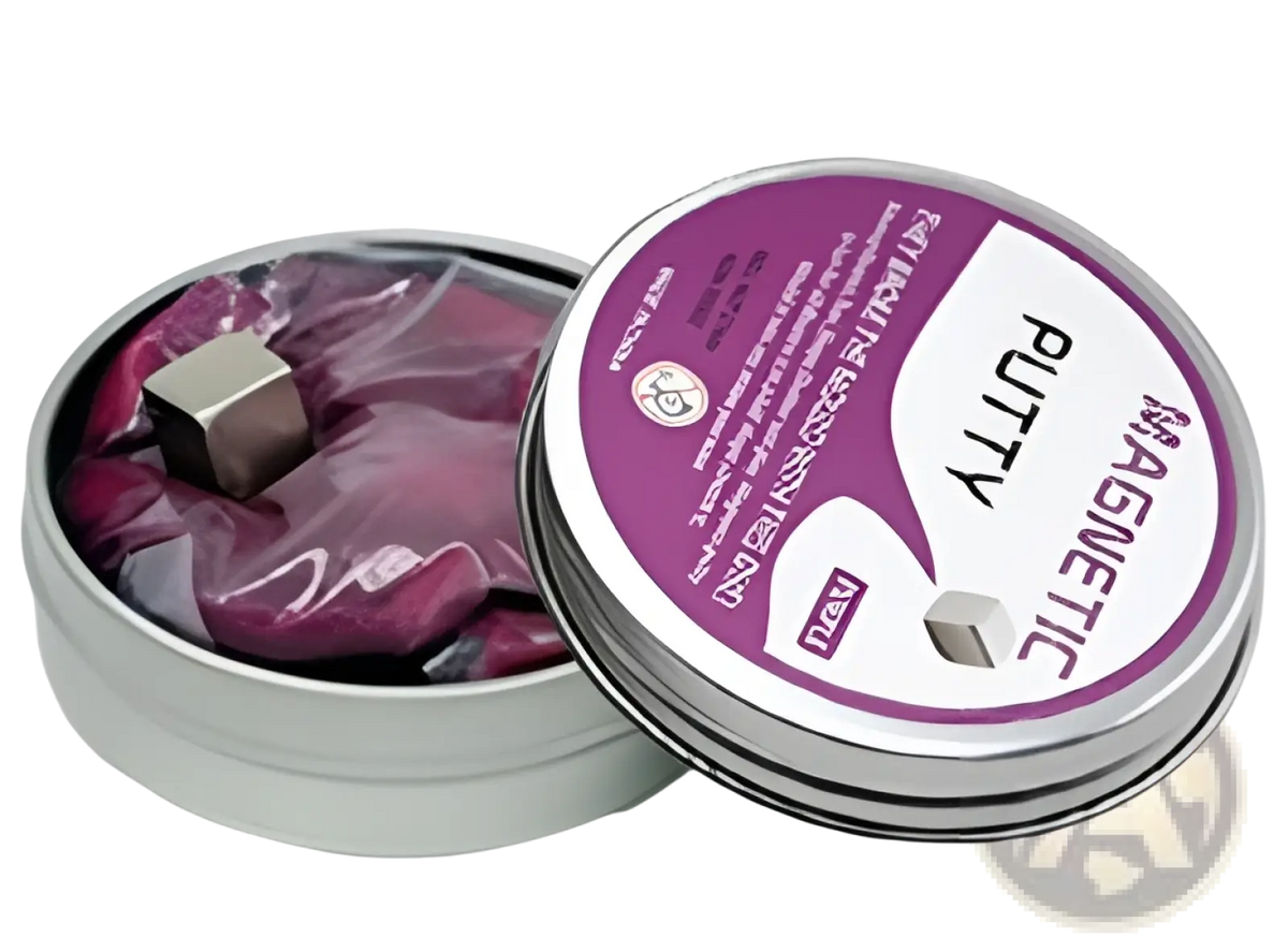 Purple magnetic putty stress relief toy in a silver tin with purple and white label from a 6 color set