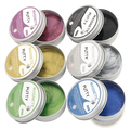 Six round metal tins of magnetic putty stress relief toy set in purple black gold silver green and blue colors with labels