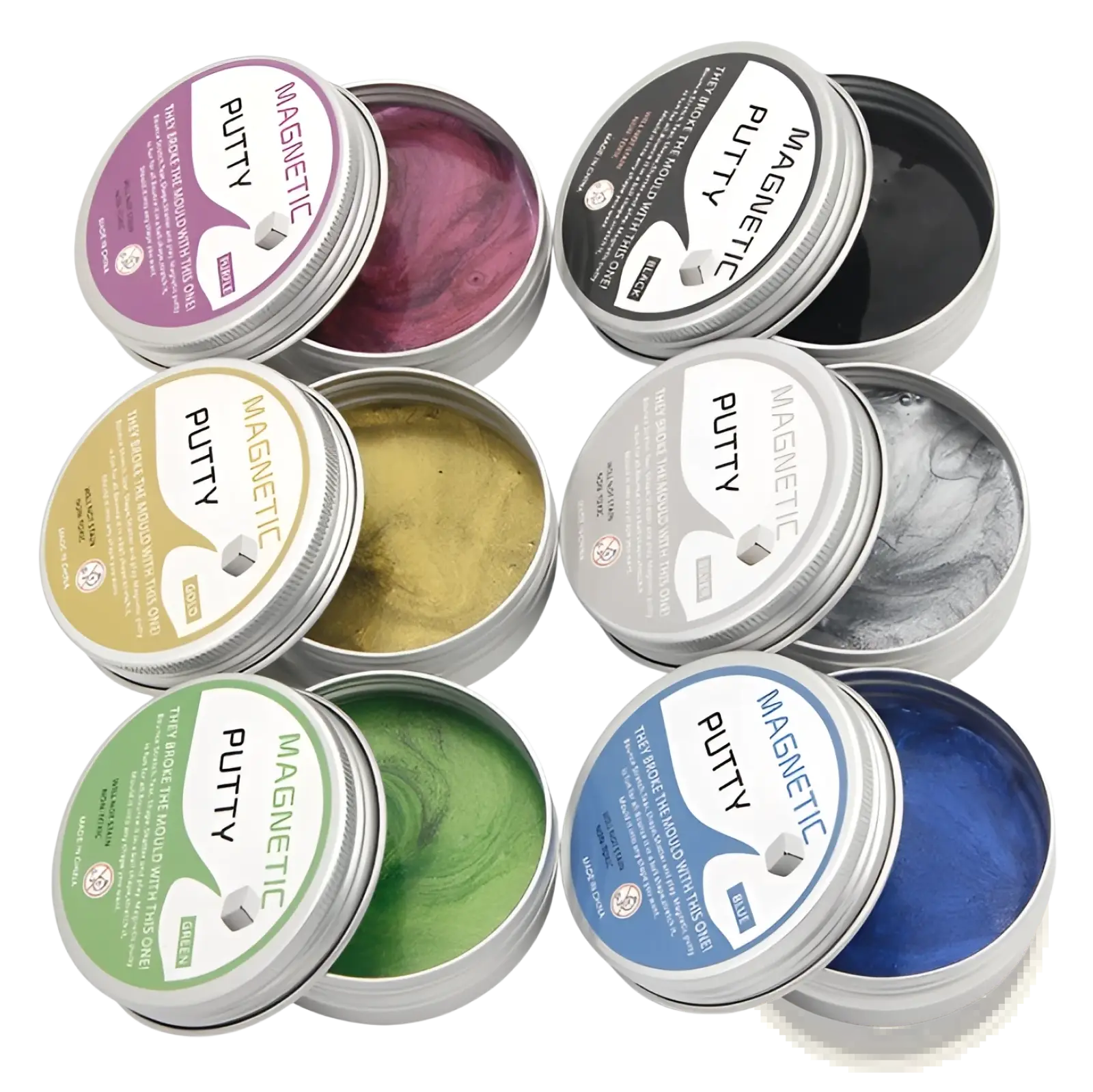 Six round metal tins of magnetic putty stress relief toy set in purple black gold silver green and blue colors with labels
