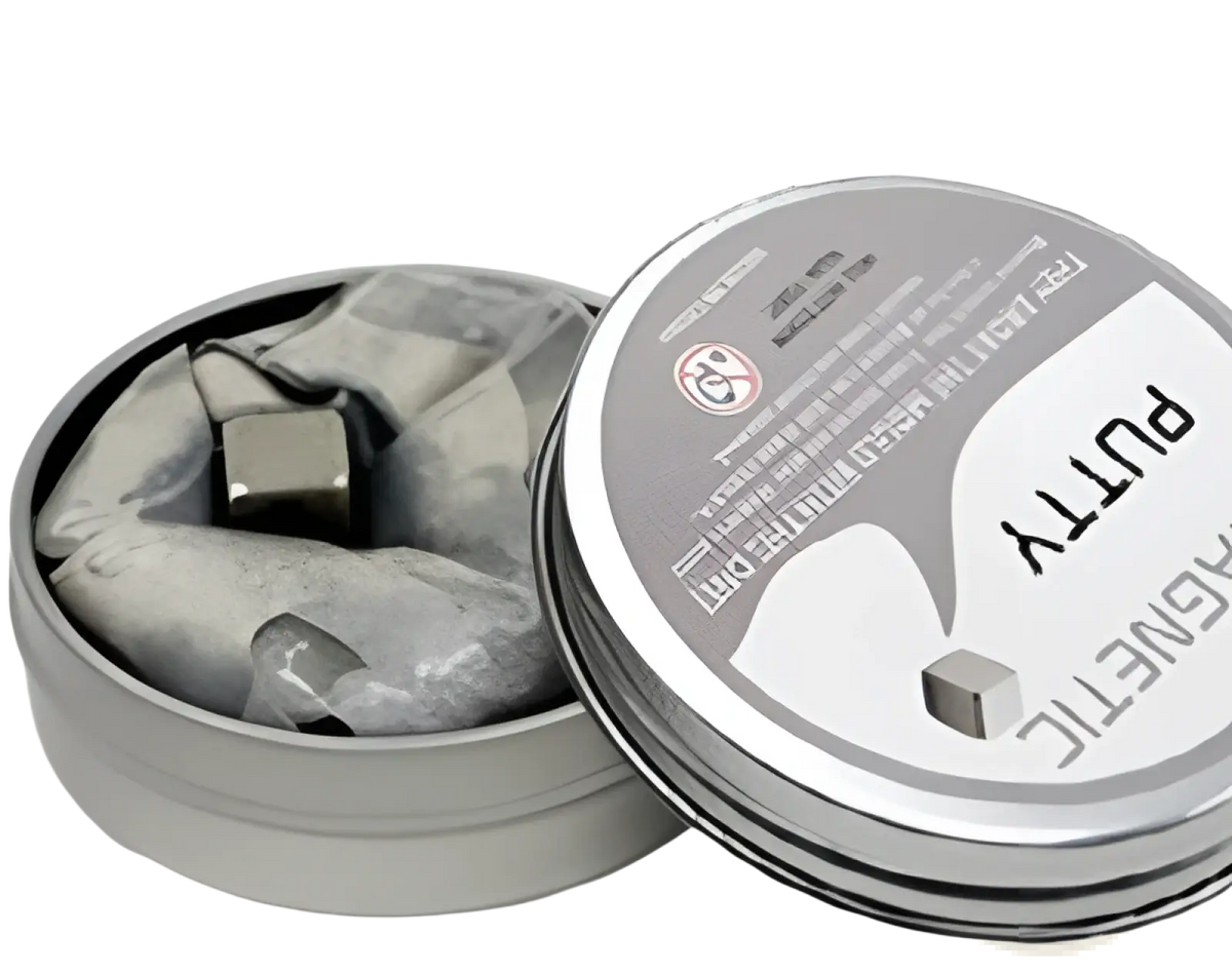 Silver magnetic putty in a round tin container from the magnetic putty stress relief toy 6 color set
