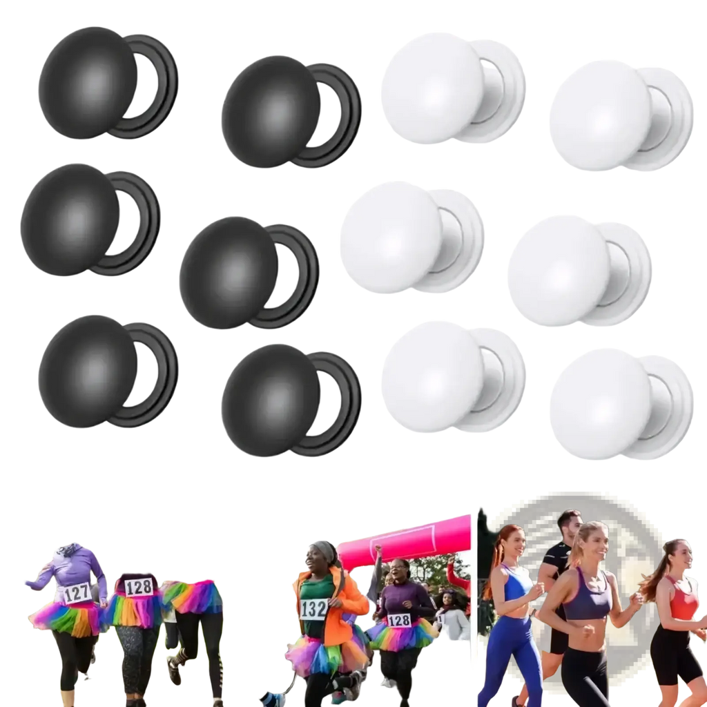 Black and white magnetic button closures for magnetic race bib holder clips designed for running use