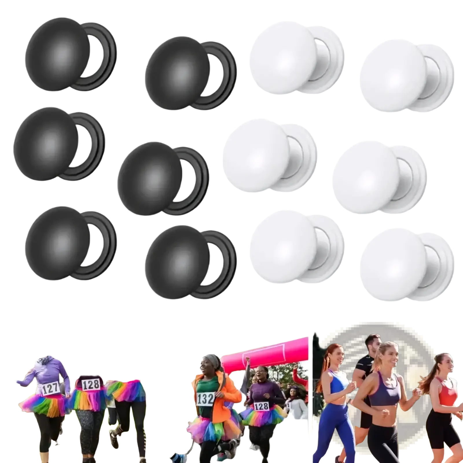 Black and white magnetic button closures for magnetic race bib holder clips designed for running use