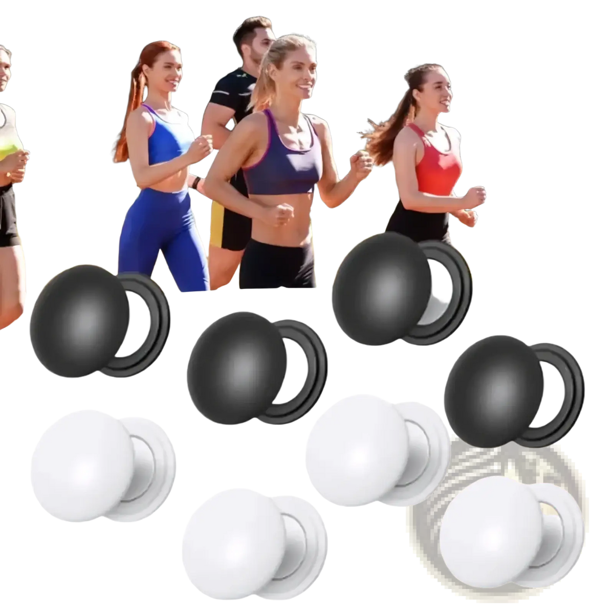 Black and white round knob style magnetic race bib holder clips with smooth glossy finish for running use