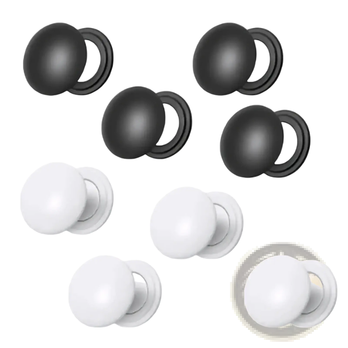 Set of six round matte black and white magnetic race bib holder clips for running