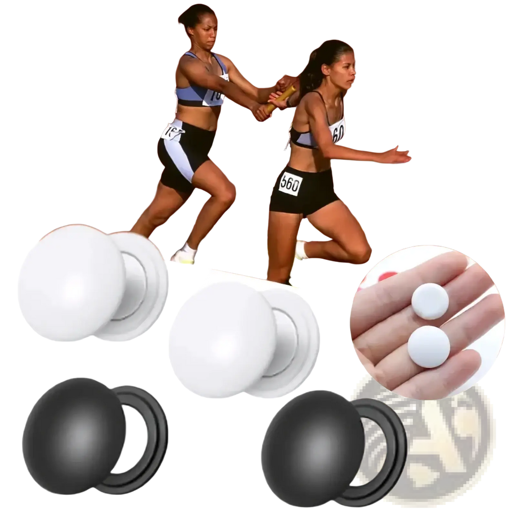 Magnetic race bib holder clips with white and black spherical magnetic closures and a smooth glossy finish