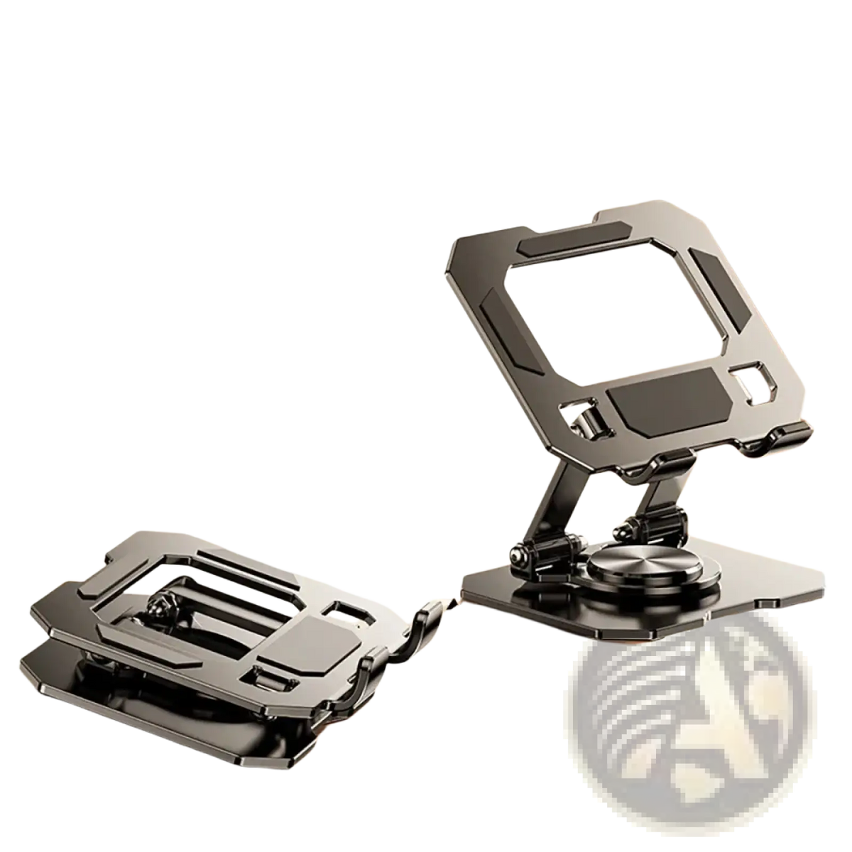 Black foldable laptop stand with handsel design and adjustable base for magnetic rotating tablet stand wireless charger