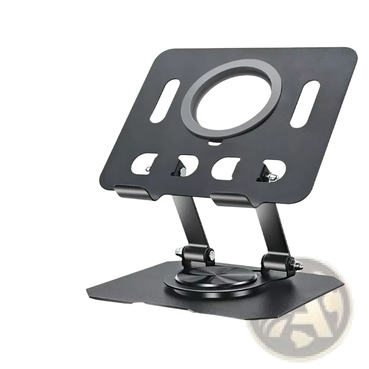 Black metal magnetic rotating tablet stand wireless charger with circular cutout and adjustable legs for stability