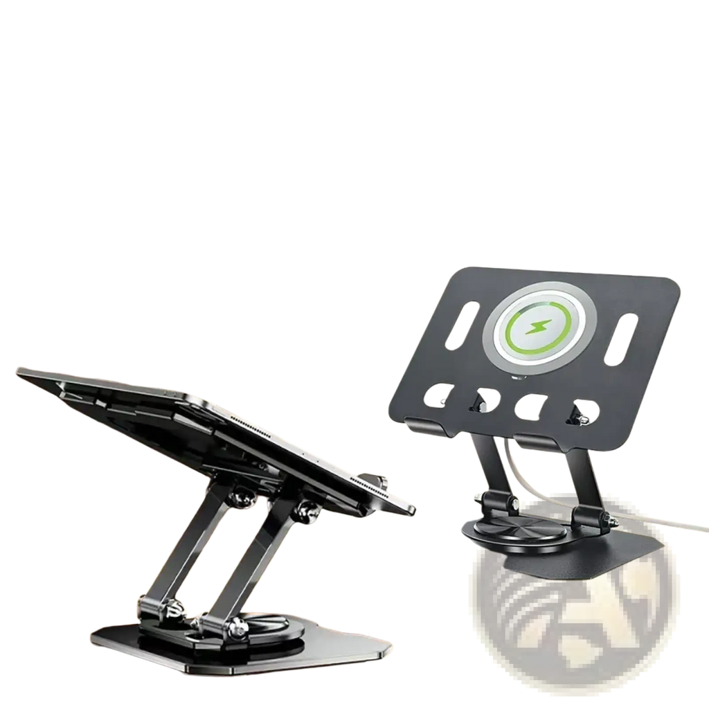 Black foldable wireless charging stand with 360-degree rotation and adjustable angles for mobiles and tablets