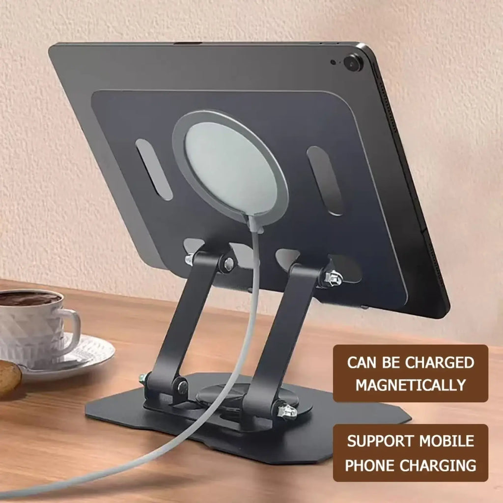 Black magnetic rotating tablet stand with adjustable arms and circular wireless charging pad for hands-free use
