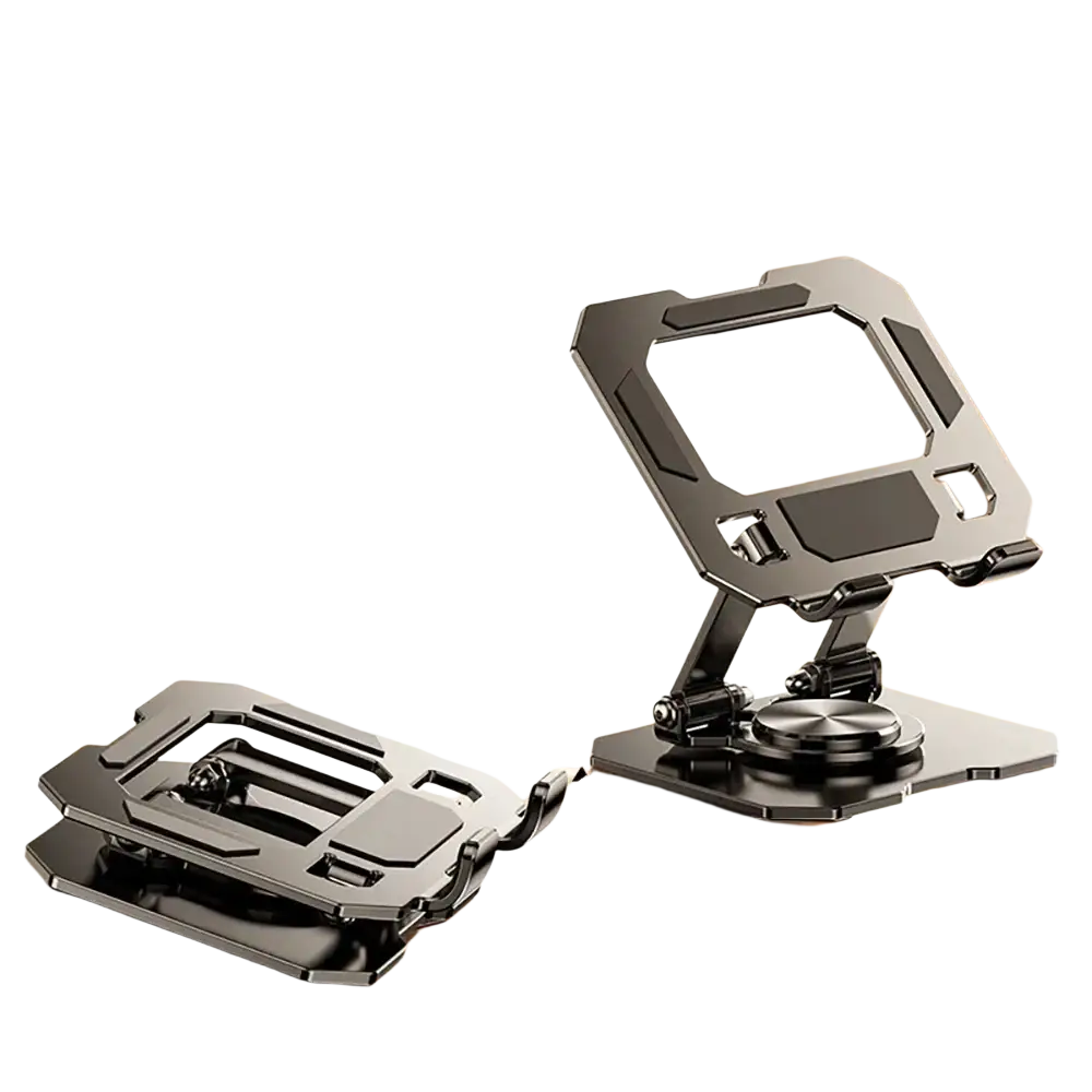 Black foldable laptop stand with handsel design and adjustable base for magnetic rotating tablet stand wireless charger