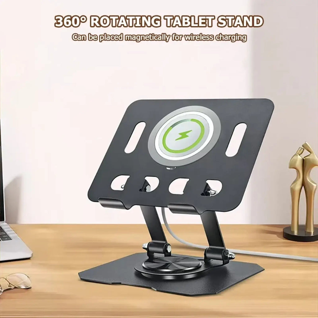 Black metal magnetic rotating tablet stand with 360-degree rotation and circular wireless charger with green lightning bolt
