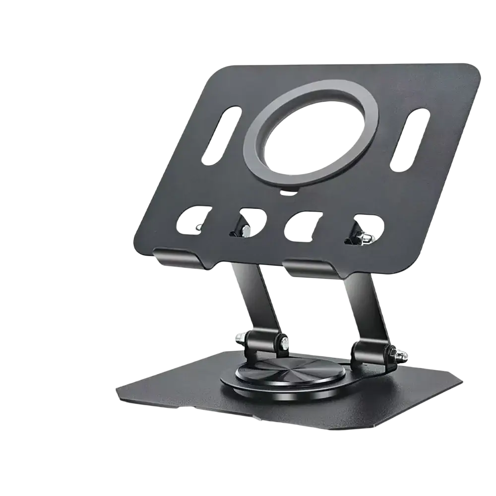Black metal magnetic rotating tablet stand wireless charger with circular cutout and adjustable legs for stability