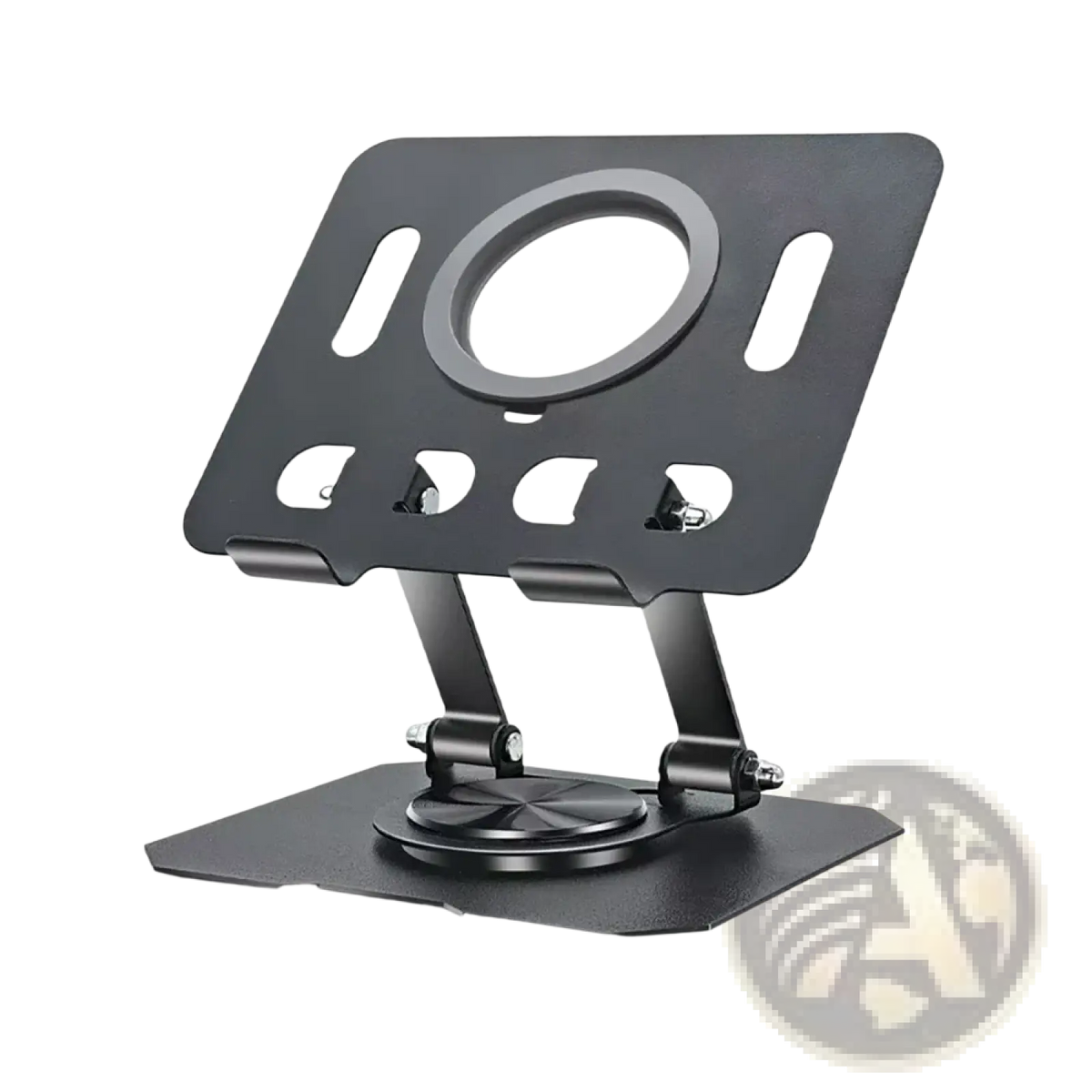 Black metal foldable phone stand with circular cutout and adjustable legs for magnetic rotating tablet stand wireless charger