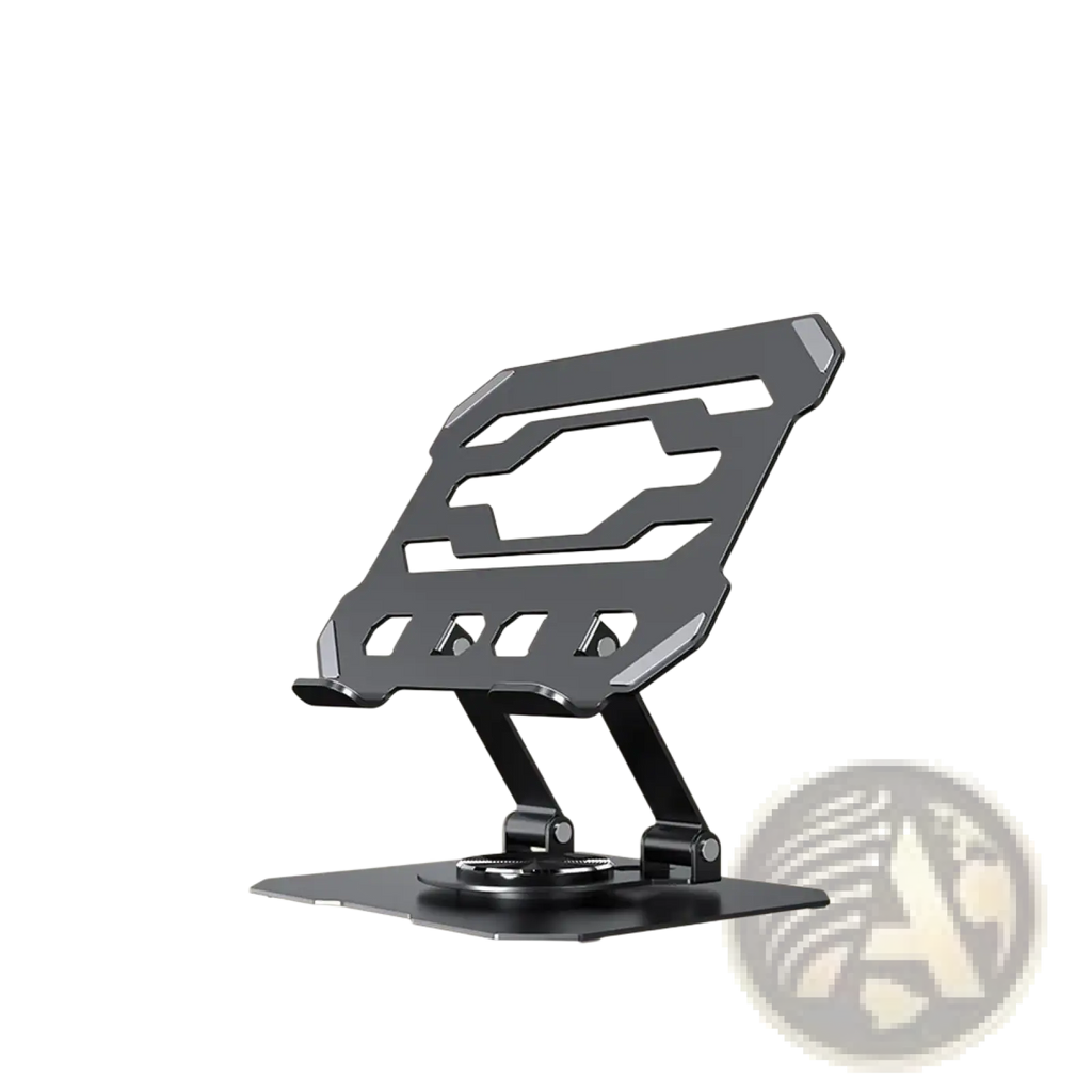 Black metal magnetic rotating tablet stand wireless charger with sleek angular design and decorative cut-out patterns