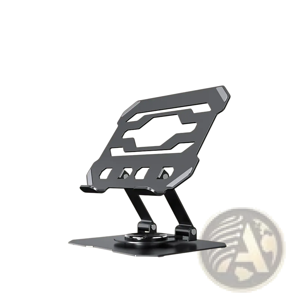Black metal magnetic rotating tablet stand wireless charger with sleek angular design and decorative cut-out patterns