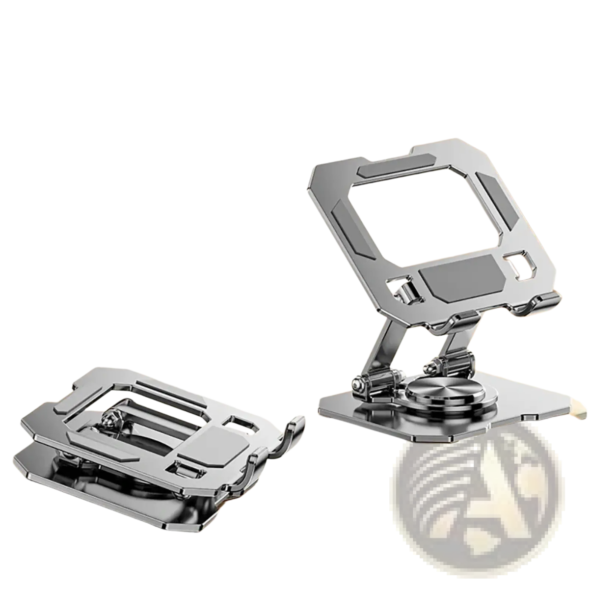 Silver metallic magnetic rotating tablet stand wireless charger with foldable design and adjustable base shown from the back side