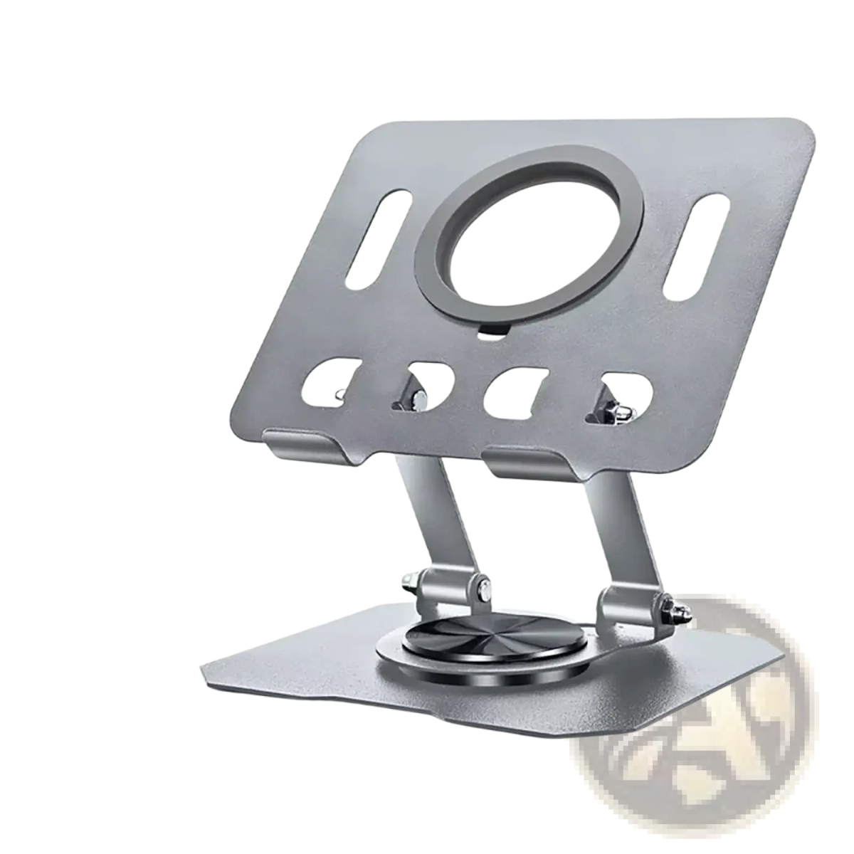 Silver metallic magnetic rotating tablet stand wireless charger with circular cutout, multiple slots, and adjustable base for stability