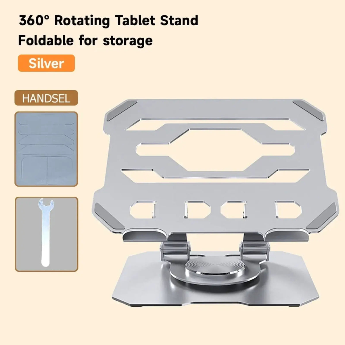 Silver metallic magnetic rotating tablet stand with 360° rotation and foldable design for compact storage