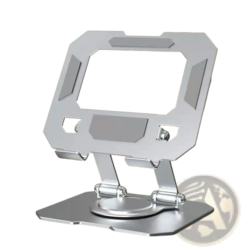 Silver metallic magnetic rotating tablet stand wireless charger with sleek angular design and adjustable foldable legs
