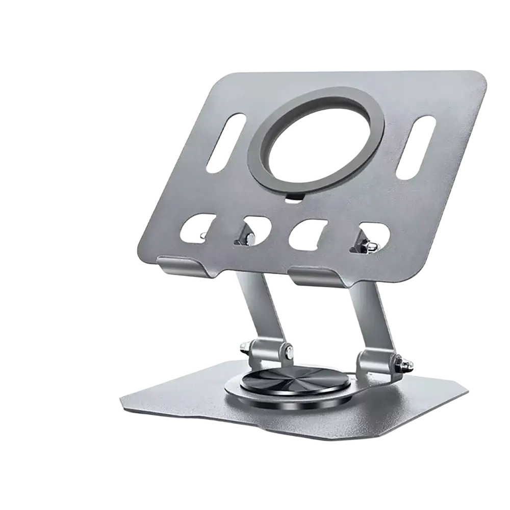 Silver metallic magnetic rotating tablet stand wireless charger with circular cutout, multiple slots, and adjustable base for stability