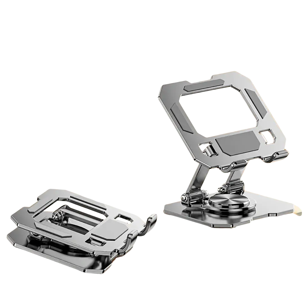 Silver metallic magnetic rotating tablet stand wireless charger with foldable design and adjustable base shown from the back side