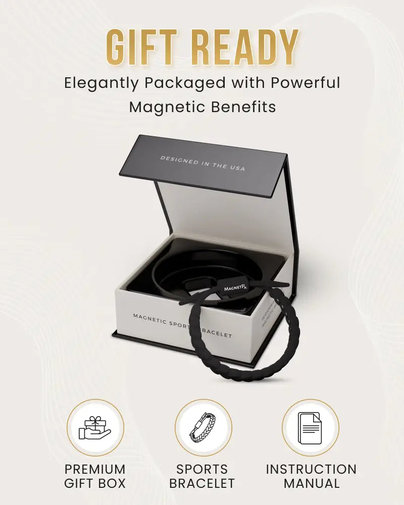 Black braided silicone magnetic sports bracelet in premium gift box for golf by Magnetrx