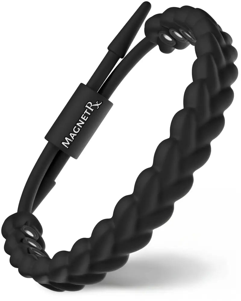 Black braided silicone magnetic golf bracelet with a magnetic clasp featuring the magnetrx brand name