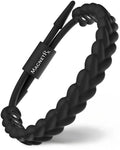Black braided silicone magnetic golf bracelet with a magnetic clasp featuring the magnetrx brand name