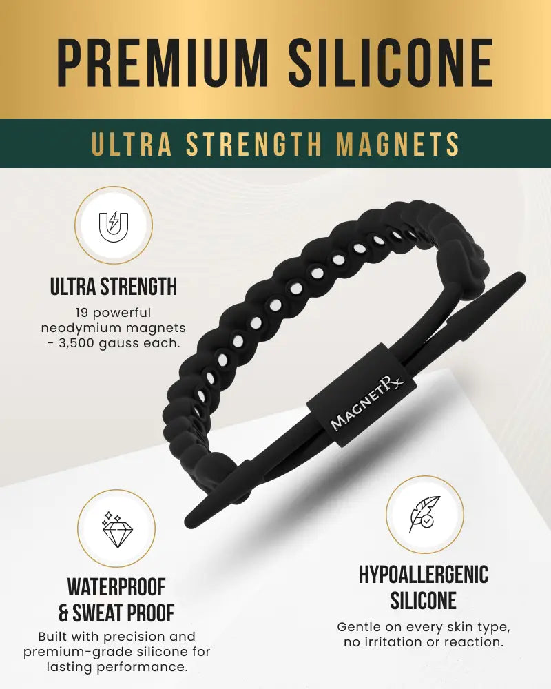 Black braided silicone magnetic golf bracelet with a sleek design and magnetic clasp featuring magnetrx branding