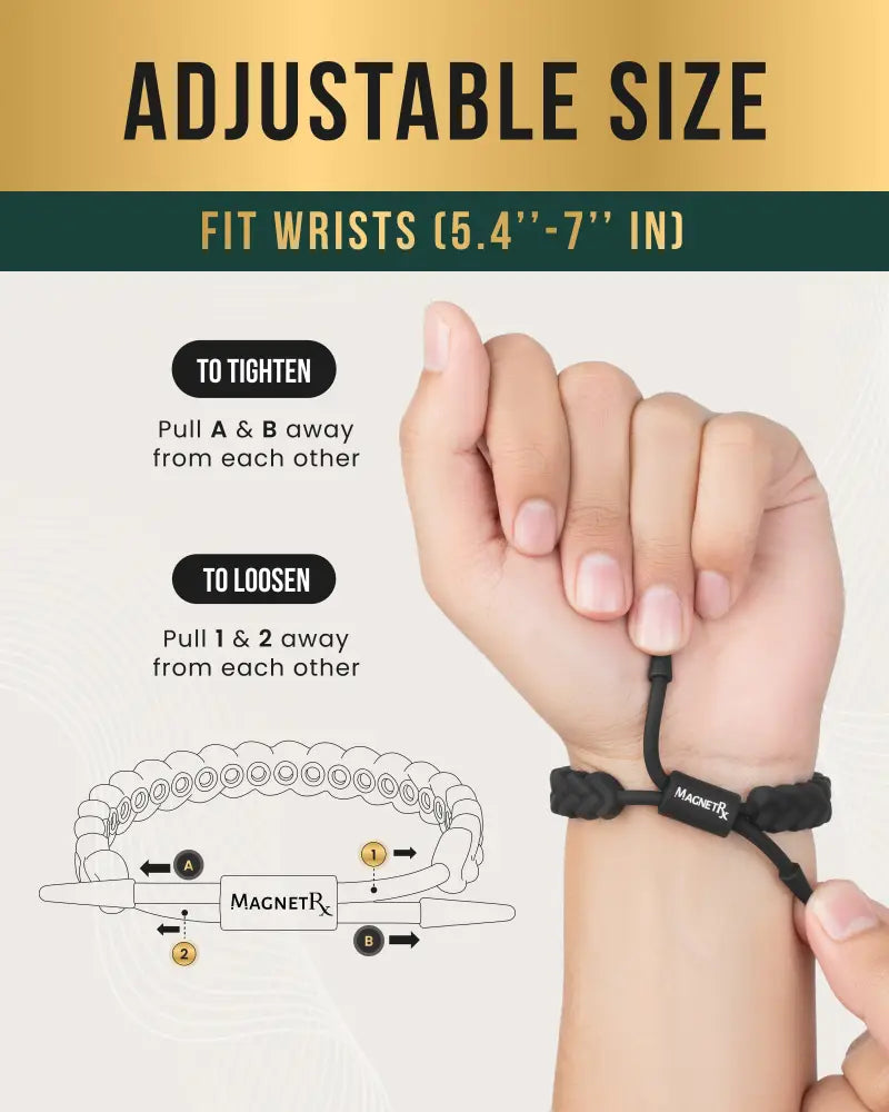 Black adjustable braided silicone magnetic golf bracelet by Magnetrx with a branded tag and magnetic feature