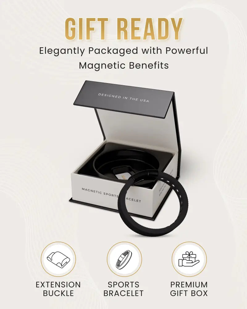 Black magnetic silicone sports bracelet by Magnetrx displayed in a premium gift box for active use