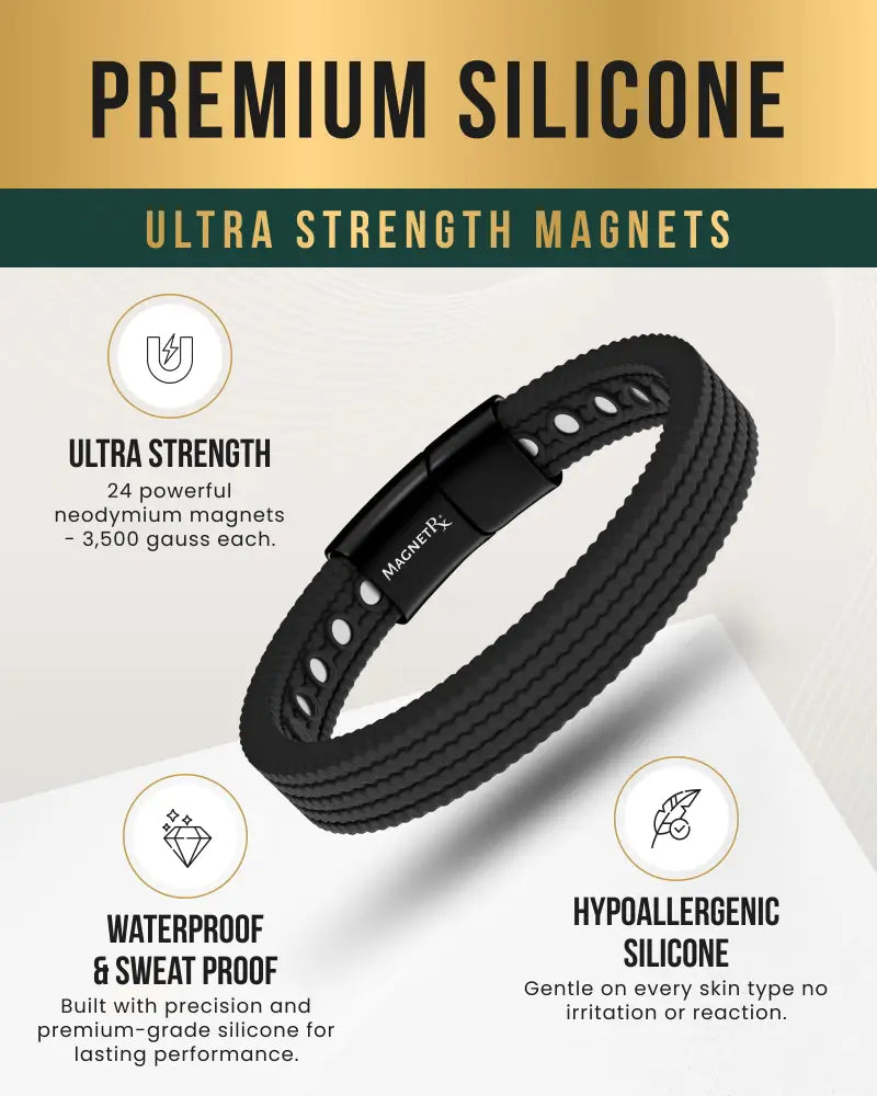 Black silicone magnetic bracelet with sleek multi-layered design and polished black clasp featuring Magnetrx brand name