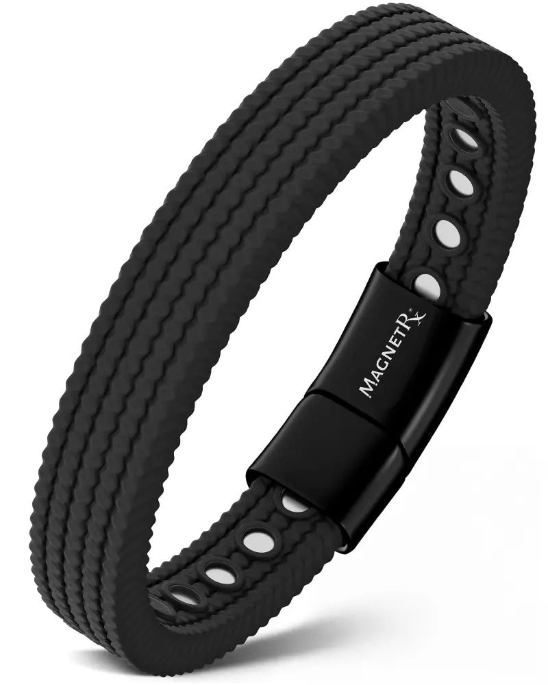 Black silicone sports bracelet with magnetic clasp and magnetrx brand name from Magnetrx Classic collection