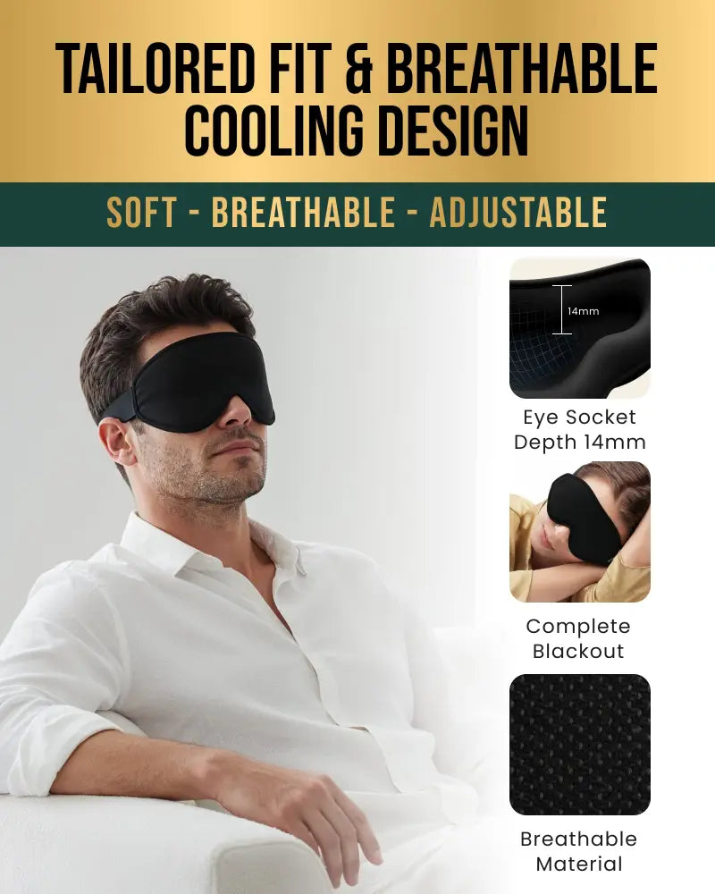 Magnetic 3d contour ice silk blackout sleep mask in black with a soft breathable fabric and adjustable strap for fit