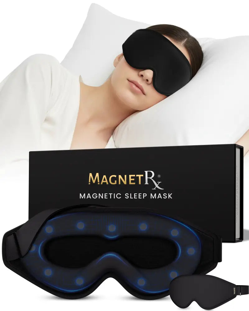 Black fabric sleep mask with blue glowing magnetic dots and adjustable strap made of ice silk for blackout sleep