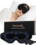 Black fabric sleep mask with blue glowing magnetic dots and adjustable strap made of ice silk for blackout sleep
