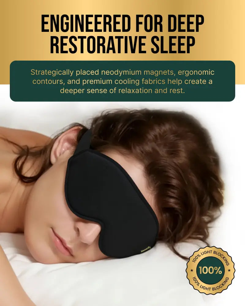 Black sleep mask with neodymium magnets and cooling ice silk fabric for deep restorative sleep and blackout effects