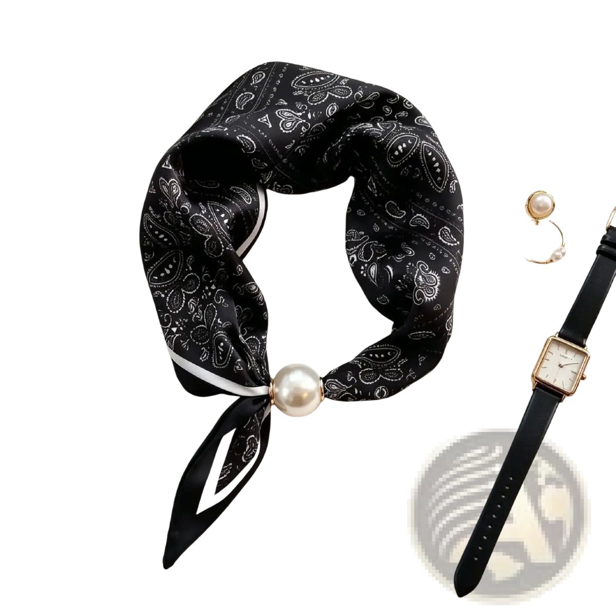 Black silk magnetic stripe scarf with white paisley pattern and a central pearl accent for elegant wear
